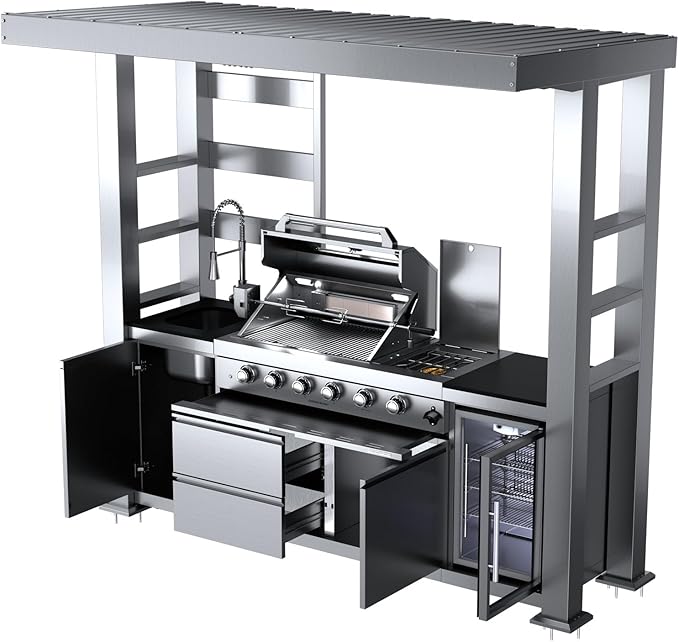 Outdoor Kitchen Island Gas Grill Barbecue Station with Refrigerator Rotisserie Side Burner Granite Countertop Storage Cabinets Drawers Faucet Sink Roof Lights Wheels Thermometer Warming Rack (Silver)
