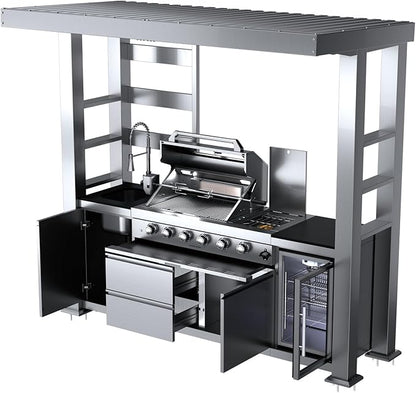 Outdoor Kitchen Island Gas Grill Barbecue Station with Refrigerator Rotisserie Side Burner Granite Countertop Storage Cabinets Drawers Faucet Sink Roof Lights Wheels Thermometer Warming Rack (Silver)