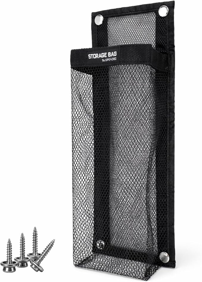 Marine Mesh Single Pocket Boat Gear Storage Bag, Black Fabric Marine Fire Extinguisher Holder, Screw Snap Mount (Black, Medium)