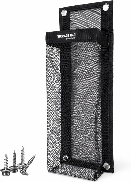 Marine Mesh Single Pocket Boat Gear Storage Bag, Black Fabric Marine Fire Extinguisher Holder, Screw Snap Mount (Black, Medium)