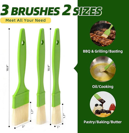 3 Pcs Pastry Brush Set, 1/1/2 inch Bristle Basting Brushes for Cooking, Heat Resistant, Kitchen Brush for Oil, BBQ Grill, Butter Sauce, Baking, with Hang Hole Design Green