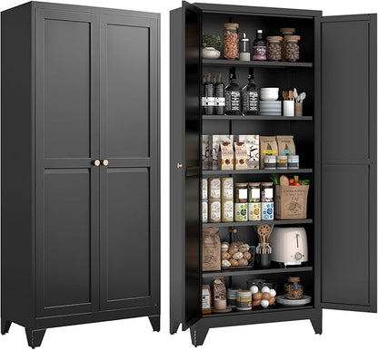 75" Tall Metal Kitchen Pantry Cabinet, Freestanding Steel Storage Cabinet with Doors, 5 Adjustable Shelves, for Dining Room, Black