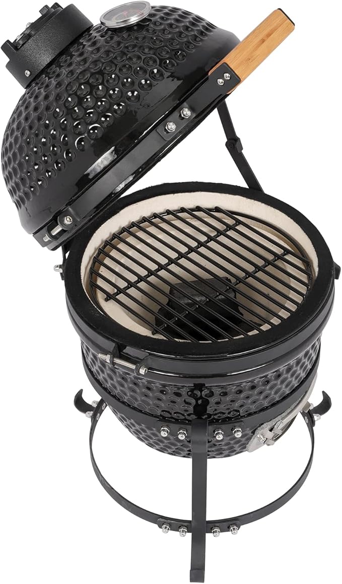 13" Round Kamado Charcoal Grill, Portable Ceramic Barbecue Grill with Thermometer for Variations on Cooking Methods(Black) (Black)