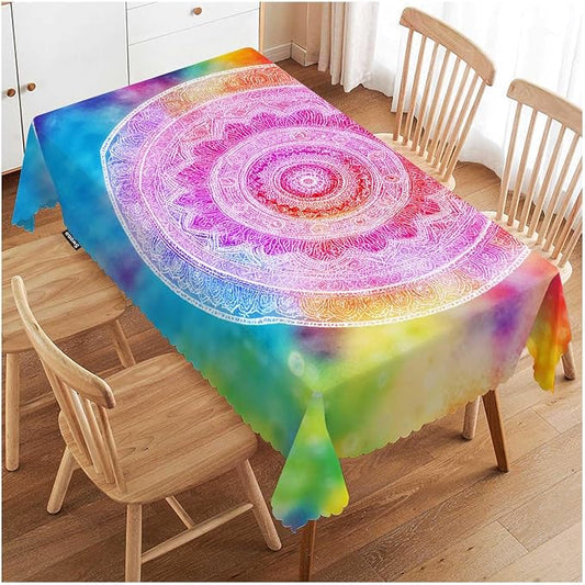Swono 52x70 Inch Mandala Tablecloth Vintage Mandala Floral Rainbow Tie Dye Farmhouse Dining Table Cloth Anti-Stain Talking Table Cover for Kitchen Dinning Room Coffee Store
