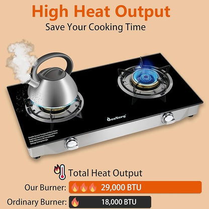 2 Burner Propane Gas Stove with Auto Ignition, 29000 BTU High-Efficiency Heavy-Duty Tempered Glass Cooktop, CSA Regulator & Hose Included, for Outdoor Camping Emergency
