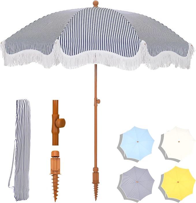 7ft Patio Beach Umbrella with Fringe, Outdoor Umbrella for Poolside, Stripe | MFSTUDIO Tassel Umbrellas UPF50+ with Sand Anchor & Tilt Button, Holiday Outdoor Umbrella with Carry Bag, Ideal for Garden