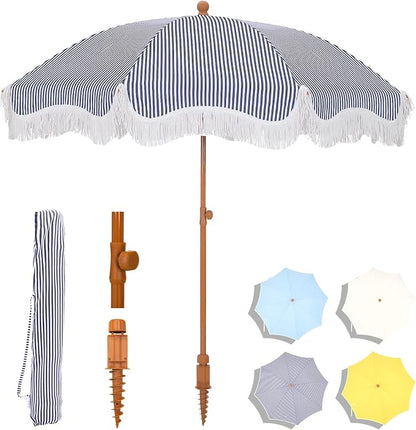 7ft Patio Beach Umbrella with Fringe, Outdoor Umbrella for Poolside, Stripe | MFSTUDIO Tassel Umbrellas UPF50+ with Sand Anchor & Tilt Button, Holiday Outdoor Umbrella with Carry Bag, Ideal for Garden