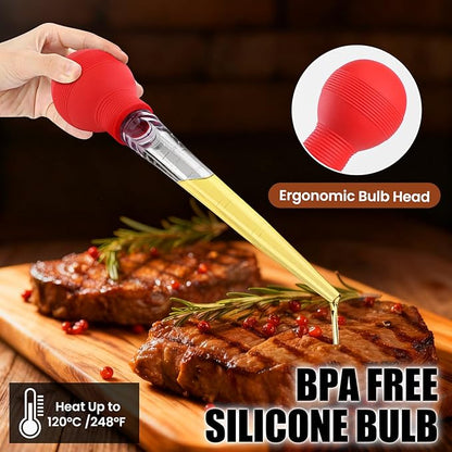Large Turkey Baster for Cooking - Premium Baster Syringe for Hot Liquids - Heat-Resistant Silicone Bulb, Easy-Grip Design with Cleaning Brush - Dishwasher Safe - Baste Food with Ease - Red