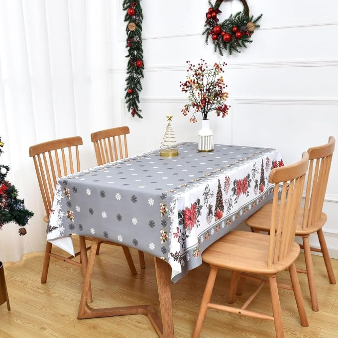 Christmas Table Cloth Rectangle Heavy Duty Vinyl Grey Christmas Tablecloth Plastic Reusable Santa Tablecloth Wpieable Waterproof PVC Xmas Table Cover for Dining Party New Year(Gray, 54"x78")