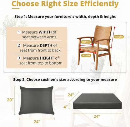 Outdoor Chair Cushion Patio Furniture Seat & Back Pillow 24 x 24 Inch Gray | Rain-Proof Cover Removable Replacement with Ties for Wicker Sofa Couch Sunbrella Outside