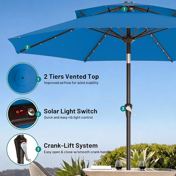 AreShark 9ft 2 Tiers Patio Umbrella with Solar Lights, Outdoor Umbrella w/ 32 LED Lights&8 Sturdy Ribs, Table Umbrella for Deck, Backyard, Pool(Royal Blue)