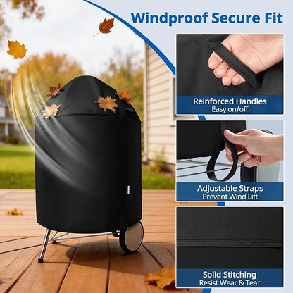 SunPatio Heavy Duty Waterproof Grill Cover Compatible for Weber, Big Green Egg, Char-Broil 22 Inch Charcoal Kettle Grills, Outdoor FadeStop BBQ Cover, Compared to Weber 7150, 27.5" Dia x 38" H