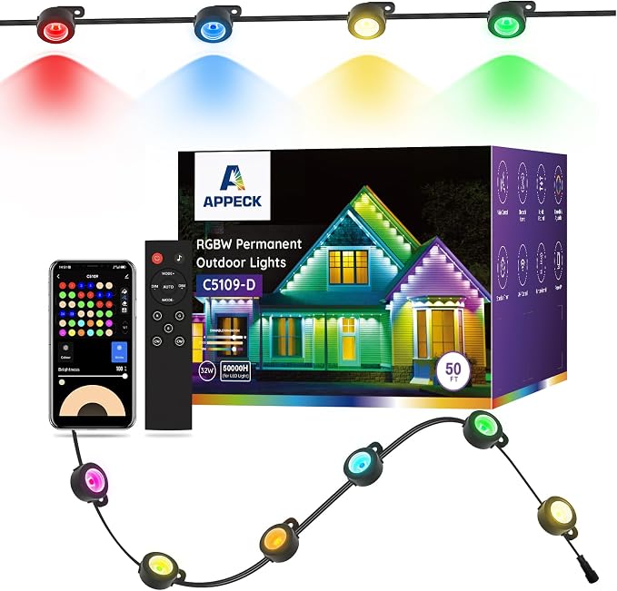 APPECK Permanent Outdoor Lights 50FT with 36 LEDs, Smart Eaves Lights RGBW | Waterproof Outdoor String Lights, 110+ Scene Modes, 40LM Warm White, for Daily/Holiday Decor, App/Voice/Remote Control, Black