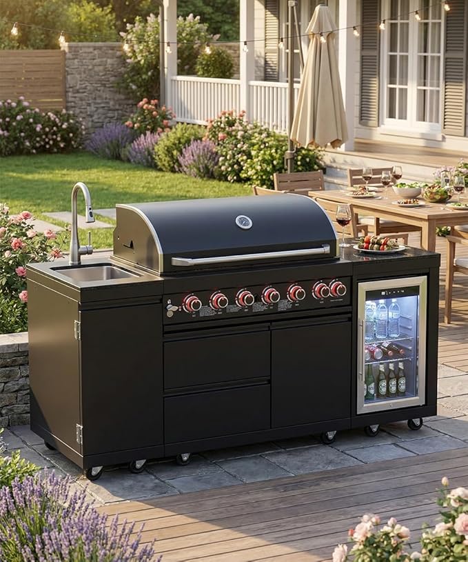 BBQ Outdoor Kitchen Island Grill Barbecue Modular Patio Kitchens Kits with Electric Rotisserie, Sink, fridge, and Burner for More than 10 People