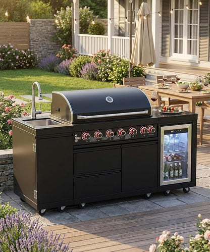 BBQ Outdoor Kitchen Island Grill Barbecue Modular Patio Kitchens Kits with Electric Rotisserie, Sink, fridge, and Burner for More than 10 People