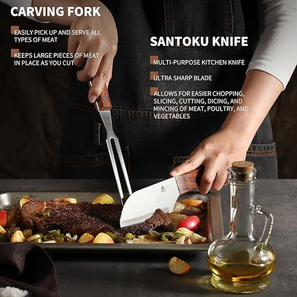 GRILLGEN Heavy Duty Griddle Accessories Kit, Flat Top Grill Accessories Set with Full-Tang Rosewood Handles, Stainless Steel Spatula Set with Santoku Knife for Smash Burger, Hibachi, Camping & BBQ