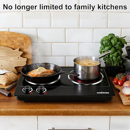 CUSIMAX Double Burner, 1800W Ceramic Electric Hot Plate for Cooking, Black | Countertop Infrared Burner with Dual Temperature Control, Heat-up in Seconds, Works with All Cookware, Stainless Steel