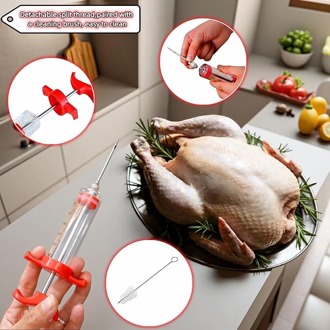 Meat Injector Syringe with Cleaning Brush,30ml/1oz Capacity Turkey Injector with 3"Needle,1 oz Brining Kit for Effortless Marinating-Perfect for BBQ,Chicken,Thanksgiving Turkey,Steak&Grill