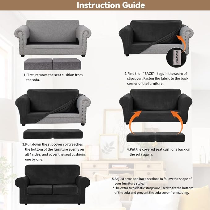 WEERRW Velvet Stretch 3 Pieces Couch Cover for Sofa Washable, Black | Love Seat Couch Covers for 2 Cushion Couch Sofa Furniture Protector slipcoves with Elastic Bottom for Kids, Medium