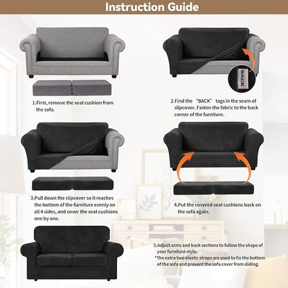 WEERRW Velvet Stretch 3 Pieces Couch Cover for Sofa Washable, Black | Love Seat Couch Covers for 2 Cushion Couch Sofa Furniture Protector slipcoves with Elastic Bottom for Kids, Medium