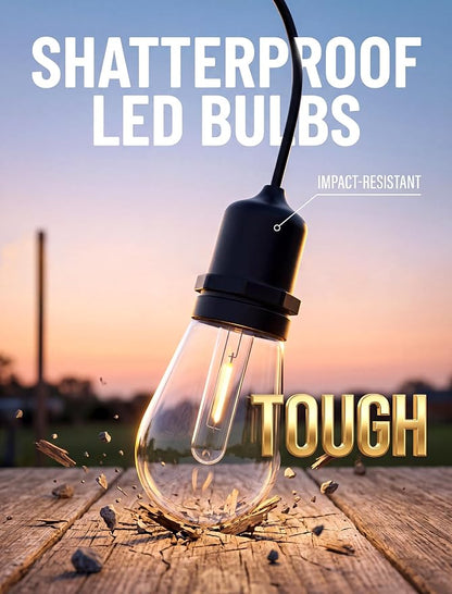 30FT Outdoor String Lights for Patio with 18+1 Shatterproof LED Bulbs | Plug-in Hanging Lights for Outside Connectable for Balcony, Camping, Porch Pool and Backyard