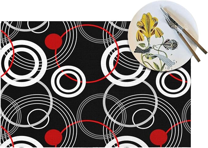 Black Red Placemats Set of 4, Geometric Linen Dining Table Mat | Washable Heat Resistant Place Mats For Kitchen Dining Holiday Party Home Decor 12"x18"