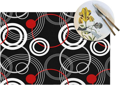 Black Red Placemats Set of 4, Geometric Linen Dining Table Mat | Washable Heat Resistant Place Mats For Kitchen Dining Holiday Party Home Decor 12"x18"