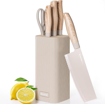 Astercook Knife Set, 6-Piece Kitchen Knife Set with Block, High Carbon Stainless Steel Ultra Sharp Kitchen Knives, Wood Grain Handle, Dishwasher Safe Knife Block Set, Khaki, Mothers Day Gifts