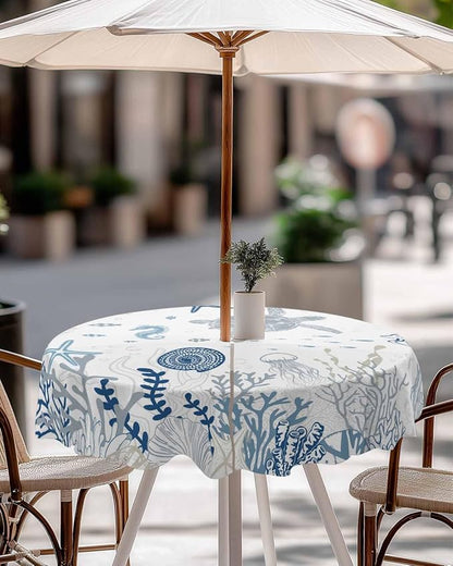 Blue Coastal Outdoor Tablecloth - 60 Inch Round Waterproof Dining Table Cover, Nautical Summer Beach Sea Turtle Coral Outdoor Table Cloth with Umbrella Hole & Zipper for Picnic/Patio/Party