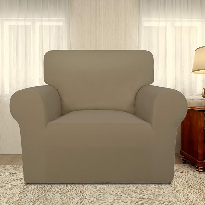 PureFit Super Stretch Chair Covers Fleece Couch Covers for Sofa Tan | 1-Piece Spandex Couch Cover Soft Couch Protector, Sofa Cover Washable with Non Skid Foam and Elastic Bottom for Kids, Dogs