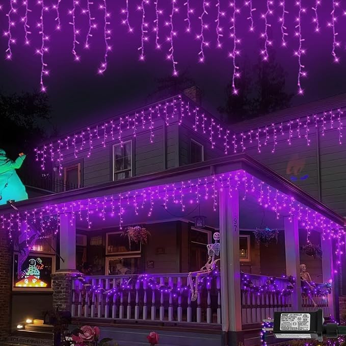 QITONG Purple Halloween Lights, 66ft 800 LED Icicle Lights for Outside Plug in, Clear Wire Connectable String Light Indoor with 8 Modes