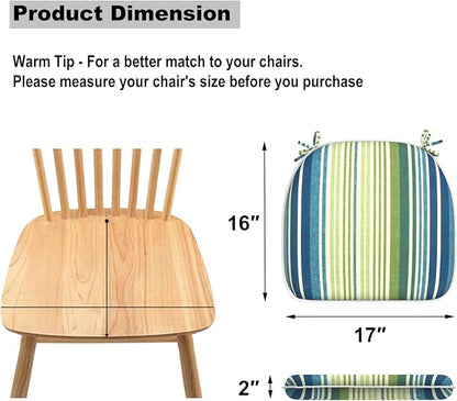 DYTXIII Set of 2 Outdoor Chair Cushions with Ties,Water Repellent Patio Chair Pads 17"x 16" for Outdoor Furniture,Round Corner Seat Cushions for Garden Yard Kitchen Stripe Blue Green