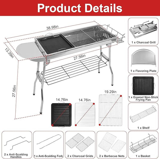 Portable Charcoal Grill, Foldable Camping Barbecue Grill with Storage Shelf, Stainless Steel Outdoor BBQ Grill Table for Garden Backyard Party Picnic Travel