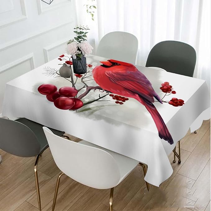 TKS MITLAN Red Cardinal Decorative Rectangle Tablecloth Bird Holly Berry Rustic Winter Polyester Table Cloths Kitchen Table Cover for Dining BBQ Picnic Coffee Table 60 x 84 Inch 6-8 Seats