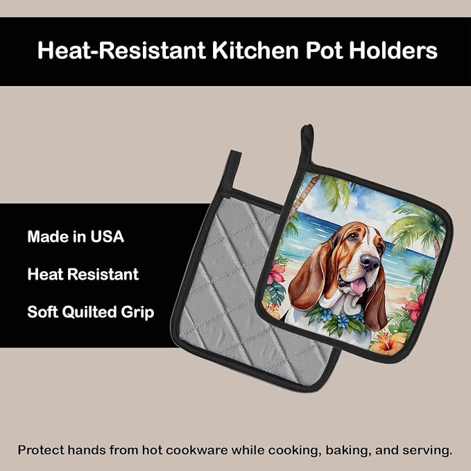 Caroline's Treasures Basset Hound Luau Pair of Pot Holders Kitchen Heat Resistant Pot Holders Sets Oven Hot Pads for Cooking Baking BBQ, 7 1/2 x 7 1/2