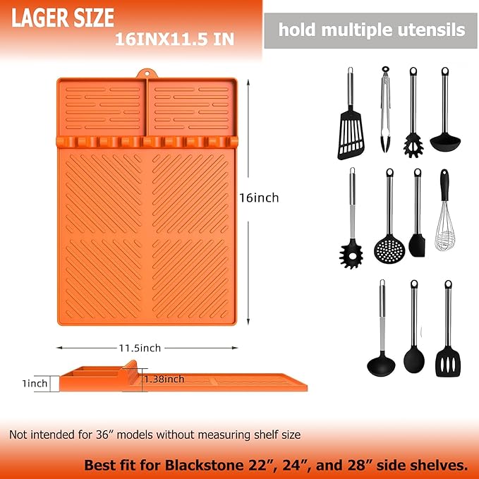 Silicone Grill Tools Mat for Blackstone Side Shelves (22–28″) – Heat-Resistant Utensil Organizer with Drip Pad, 8 Slots, Easy-Clean Prep & Counter Protection