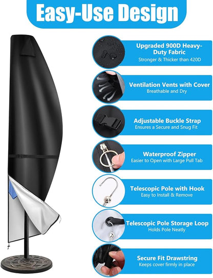 Cantilever Patio Umbrella Cover 900D Waterproof for 11-13ft Offset Umbrella | 900D Oxford Fabric, Heavy Duty Waterproof, Top Vent, Hem Drawstring, Telescopic Pole, Fits 11-13ft Outdoor Umbrella