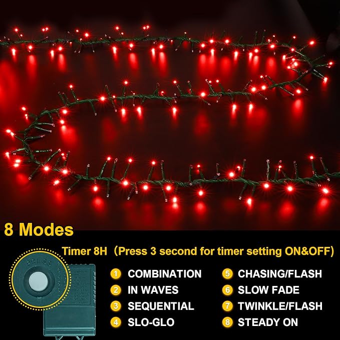500 LED Red String Lights, 46ft 11 Modes Plug in Twinkle Fairy Lights, Waterproof Connectable Cluster Christmas Lights for Christmas Tree, Valentine's Day, Bedroom & Party Decor