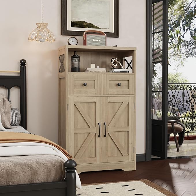 Befrases Natural Wood Storage Cabinet with Drawers and Shelves, Standing Kitchen Pantry Cabinet, Floor Storage Cabinet Hutch Cupboard, Coffee Bar Station for Dining Living Room Home Office