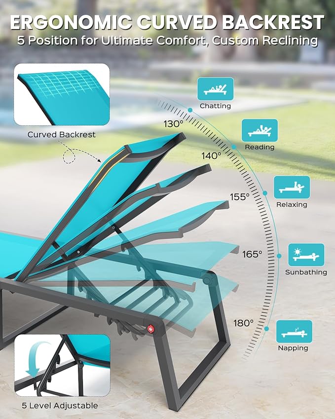 Aluminum Chaise Lounge Chair Outdoor, Foldable& No Assembly Patio Pool Lounge Chairs 5-Position Recliner for Outside, Fully Grounded Legs Sun Lounger for Poolside, Lake Blue