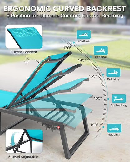 Aluminum Chaise Lounge Chair Outdoor, Foldable& No Assembly Patio Pool Lounge Chairs 5-Position Recliner for Outside, Fully Grounded Legs Sun Lounger for Poolside, Lake Blue