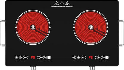 4000w Electric Cooktop 2 Burners, 23'' Electric Stove Top 110v with Plug in, GTKZW Knob Control Countertop & Built-in Ceramic Cooktop, 9 Power Levels, Child Lock, Timer, Over-Heat Protection