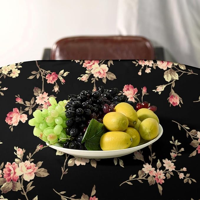 Vintage Flower Tablecloth, Black Pink Garden Florals Rustic Roses Boho Botanical Plant Water Resistant Wipeable Table Cover for Picnic Party Holiday Kitchen Dinner Table 55"x75"
