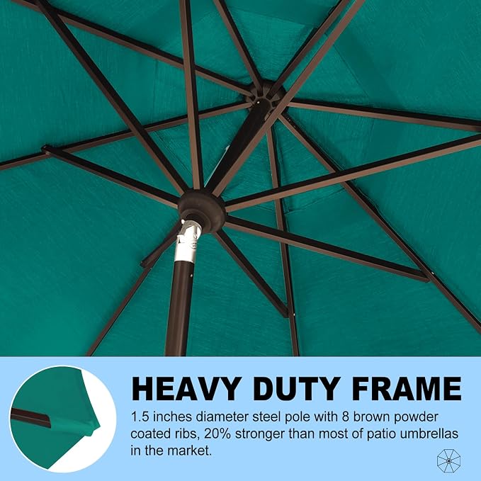 Eurmax USA 10-Year-Non-Fading 10FT Outdoor Patio Market Umbrella,UPF50+ UV Resistant Sun Shade,Heavy Duty Commercial Grade,Crank Lift&Tilt,Windproof Vented Top for Garden,Pool,Deck,Teal