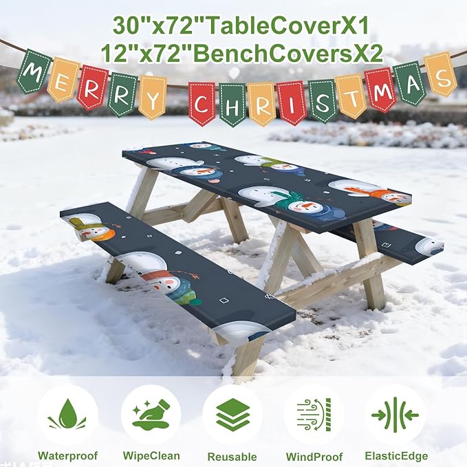 Christmas Picnic Table Cover with Bench Covers Set, Elastic Fitted Tablecloth for Outdoor Picnic Tables, Blue Snowman Design, Durable Vinyl Table Cover for Winter Camping, BBQs, and Holiday