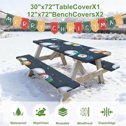 Christmas Picnic Table Cover with Bench Covers Set, Elastic Fitted Tablecloth for Outdoor Picnic Tables, Blue Snowman Design, Durable Vinyl Table Cover for Winter Camping, BBQs, and Holiday