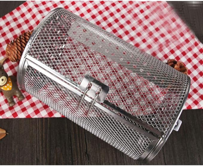 Air Fryer Rotisserie Basket, Stainless Steel Drum for 1/4 in Rod | Fits wings, fries, vegetables, nuts, and coffee beans; locking door keeps food contained while tumbling
