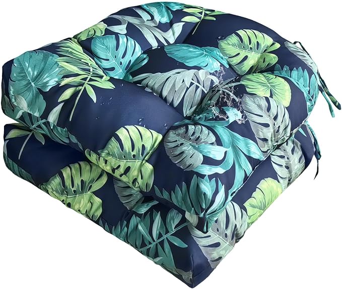 Gnostik Floral Patio Chair Cushions with Ties Waterproof Tufted U Shaped Wicker Seat Cushion Indoor Outdoor Patio Furniture Cushions Set of 2, 18.6"X18.6" Navy Floral