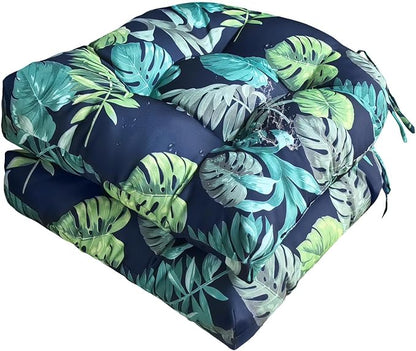 Gnostik Floral Patio Chair Cushions with Ties Waterproof Tufted U Shaped Wicker Seat Cushion Indoor Outdoor Patio Furniture Cushions Set of 2, 18.6"X18.6" Navy Floral