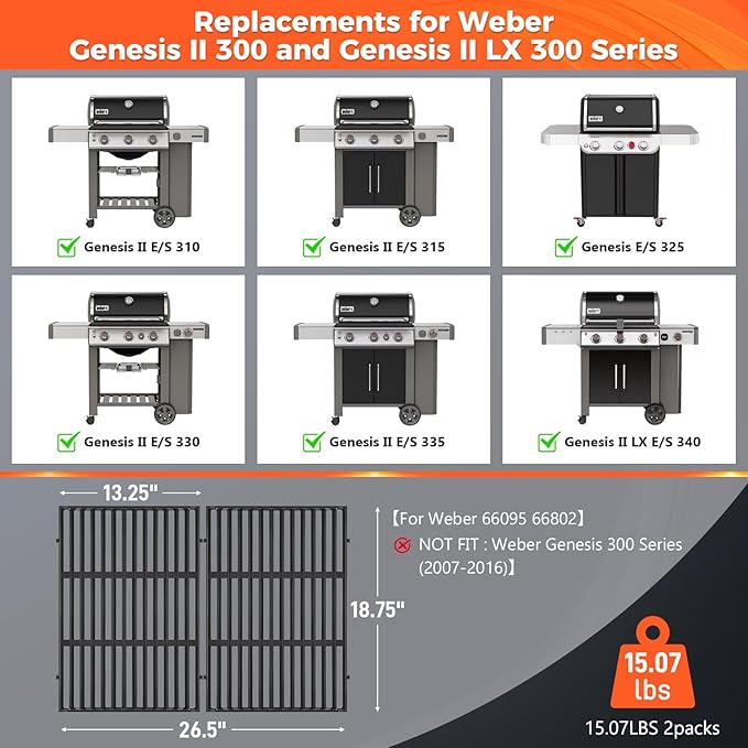18.75" Grill Grates for Weber Genesis II 300 & Genesis II LX 300 Grills, Grill Parts for Weber Genesis 2 E310, Genesis II E310 315 335, Porcelain-Enameled Cast Iron Replacement Grates for Weber 66095
